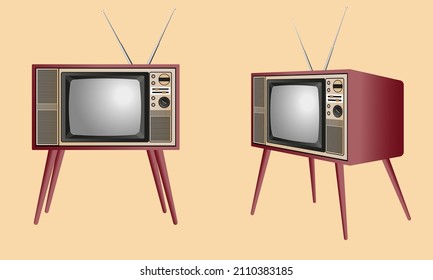 Realistic Old Style Tv With Antenna In Two Perspective By Vector Design