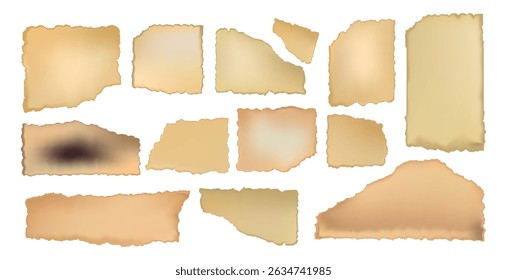 Realistic old Torn Paper Collection with Burn Marks and Texture.Torn aged paper pieces with rough burnt edges and vintage textures for collage, scrapbooking, invitations, digital overlays.Vector