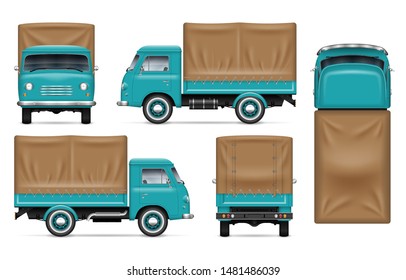 Realistic old truck vector mockup. Isolated template of the van on white for vehicle branding, corporate identity. View from left, right, front, back, and top sides, easy editing and recolor.