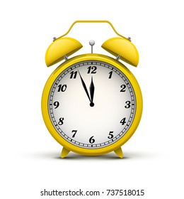 Realistic old yellow alarm clock, isolated on white