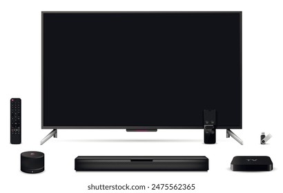 Realistic oled tv, sound bar, tv tuner, smart speaker, remote controls with flash drive