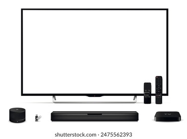 Realistic oled tv, sound bar, set top box, smart speaker, remote controls and flash drive