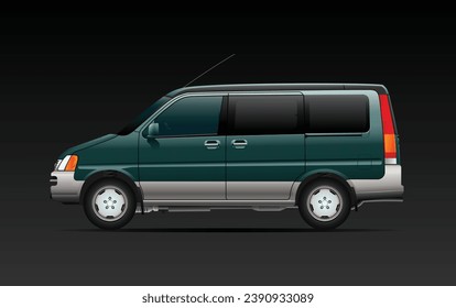 Realistic olive green Japanese specification minivan or mini MPV from 90's era on the dark gradient background  illustration vector.