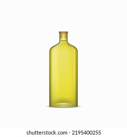 Realistic olive oil bottle, glass jar with cork metal lid. Extra virgin olive oil or vinegar package isolated on white background. Eco friendly pack for natural product. 3d vector illustration