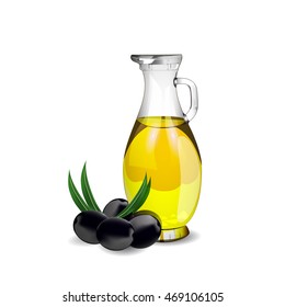 Realistic olive oil bottle and olives. Vector illustration.