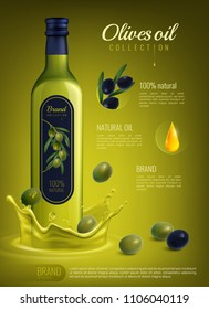 Realistic olive oil in glass bottle with label advertising composition on yellow green background vector illustration