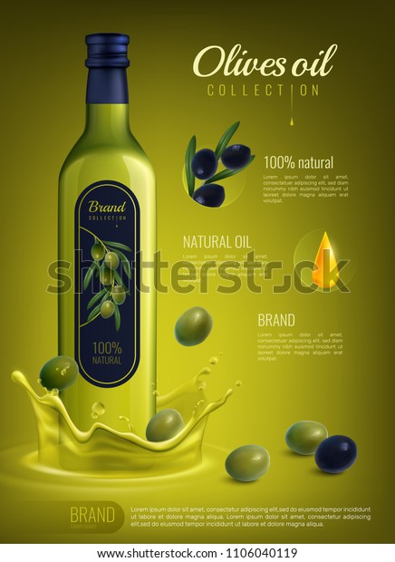 黄色い緑の背景にラベル広告用のコンポジションとガラスびんの中のリアルなオリーブオイル ベクターイラスト のベクター画像素材 ロイヤリティフリー