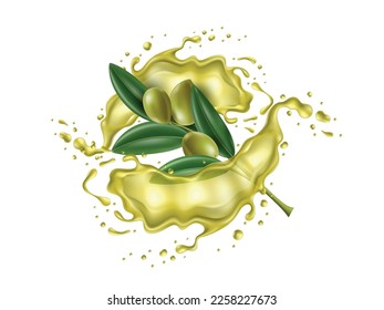 Realistic olive oil splash. Isolated 3d mediterranean raw product branch, gourmet healthy foods, liquid in motion and green vegetables, fruits and splashing flow with drops utter vector concept