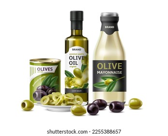 Realistic olive products composition. Cut and whole vegetables, pickled, butter and mayonnaise, packaging design, glass bottles and can, advertisement 3d elements utter vector illustration