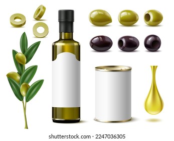 Realistic olive products. Pickled olives in white tin can, oil glass bottle, blank label, drop, farms foods, mediterranean vegetables different angles view, 3d isolated utter vector set