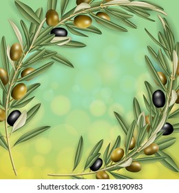 Realistic olive tree branch frame with bokeh background. Green and black olives with leaves. Food illustration
