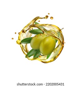 Realistic olives and oil splash drops, vector green olive fruits. Olive oil splashing flow for bottle product package, cuisine cooking or salad, green olive oil splash pour in macro closeup