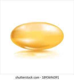 Realistische Omega-3-Gel-Kapsel, Fischöl, Kollagenessenz, Vitamin A, E. Ovale goldene Tablette in der Gelatine-Schale, Tablette einzeln auf weiß. Vektorgrafik