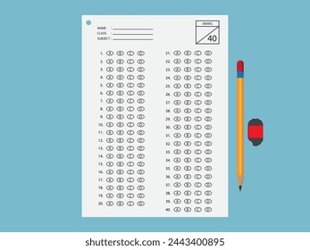 Papel más realista para el examen con lápiz y goma. Ilustración vectorial aislada sobre fondo blanco. 