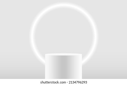 Realistic one white blank long product podium scene isolated with round neon light on white background. Cylinder mock up scene. Geometric round shape for product branding. 3d vector illustration