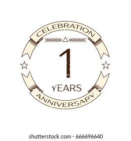 Realistic one years anniversary celebration logo with ring and ribbon on white background. Vector template for your design