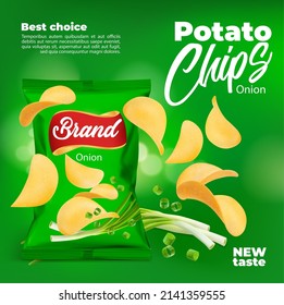 Realistic onion flavored potato chips snack food package. Vector 3d falling chips with green bag and chopped spring onion, stars and bokeh lights, junk food and crunchy crisps mockup