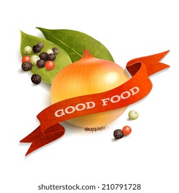 Realistic onion pepper and bay leaf good food kitchen ribbon badge vector illustration