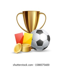 Realistic online betting poster template with golden trophy cup, football ball, referee yellow, red cards and gold coins. Vector sports bet objects. Money and profit in sport bet symbol
