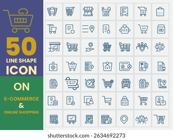 Realistic online shopping and E commerce vector icon set. E commerce and shopping related icon set on store, retail, sale, currency, customer, chart, trolley icon, online shopping line shape Icon