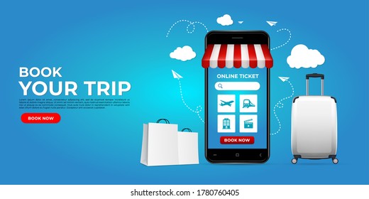 Realistic online ticketing design with smartphone. online ticketing on websites or mobile applications concepts perfect for marketing, promotion and digital marketing. Booking ticket online