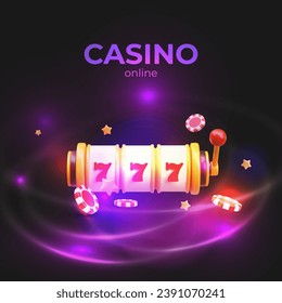 Realistic online webpage with slot machine detail. Win in poker machine. Concept of playing in casino, winning jackpot. Vector illustration in 3D style with place for text