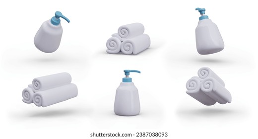 Realistic opaque pump bottle with blue dispenser, stack of rolled white towels. Hygiene kit. Accessories for hotel, spa, restaurant, home use. Isolated objects at different angles