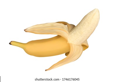 Realistic open banana isolated on white background. Half peeled banana. Vector illustration