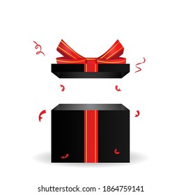 Realistic open black gift box design isolated on white background
