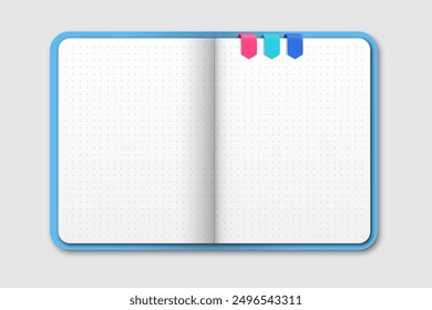 Cuaderno azul abierto realista aislado en fondo gris. Vista superior moleskin. Cuaderno con hojas punteadas y marcadores de colores. Ilustración vectorial.