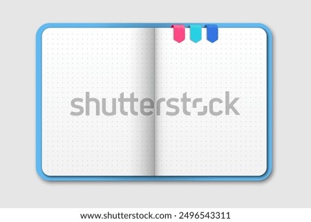 Realistic open blue notebook isolated on grey background. Top view moleskin. Notebook with dotted sheets and colorful type bookmarks. Vector illustration.