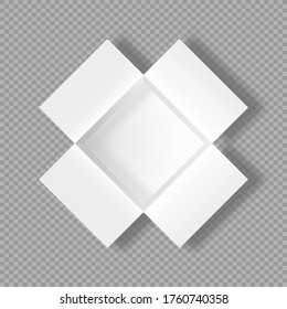 Realistic open box. 3d cardboard mockup with shadow on transparent background. Empty carton paper square. Open gift box or white blank package. Paper square container. Vector illustration.