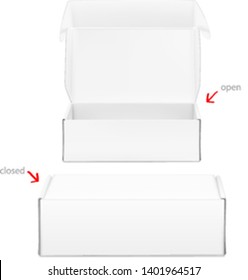 Realistic open box mockup. Open and close view. Ready for presenting your product. Vector illustration isolated on white background. EPS10.
