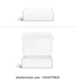 Broma realista de caja abierta. Abrir y cerrar la vista. Listo para presentar su producto. Ilustración vectorial aislada en fondo blanco. EPS10.
