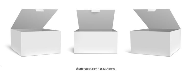 Realistic open box mockup. White packaging gift boxes, opened package and empty rectangular packages vector template set. Square paper parcel, medical case cardboard isolated cliparts collection