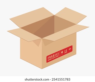 Realista Abra el símbolo del icono de la maqueta de la caja de cartón. Caja de cartón de envío en blanco vacía. Frágil. Imagen de Ilustración vectorial. Aislado sobre fondo blanco.