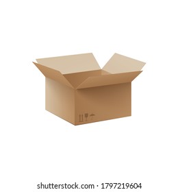 Realistic open cardboard box with package shipping symbols isolated on white background. Small delivery container packaging mockup, vector illustration.