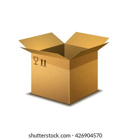 Realistic open cardboard box with parcel post signs isolated on white