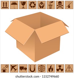 Realistic open cardboard box. The sample design for the packaging. Icons of fragility and recycling. Isolated on white background. Vector illustration.