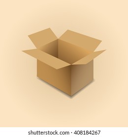 Realistic open cardboard box with shadow isolated on a light background, vector illustration.