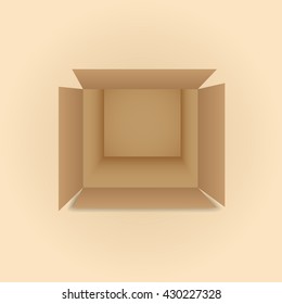 Realistic open cardboard box with shadow isolated on a light background, vector illustration.