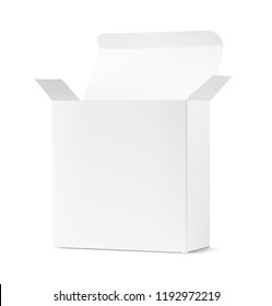 Realistic open cardboard packaging box mockup. Vector illustration isolated on white background. Can be use for medicine, food, cosmetic and other. Ready for your design.  EPS10.