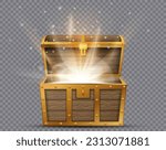 Realistic open chest, vintage old treasure wooden box with golden glowing inside. Vector illustration. Eps 10.