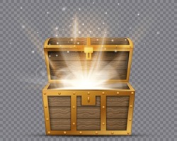 Realistic Open Chest, Vintage Old Treasure Wooden Box With Golden Glowing Inside. Vector Illustration. Eps 10.