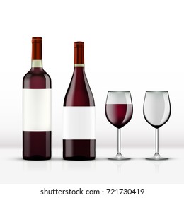 Realistic Open And Close Red Wine Bottle With Full And Empty Wine Glass Set. EPS10 Vector