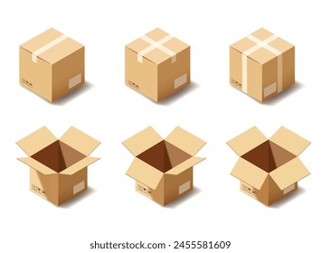 Conjunto de maquetas de cajas de cartón abiertas y cerradas realistas. Plantilla de embalaje de paquetes aislada sobre fondo blanco. Ilustración vectorial