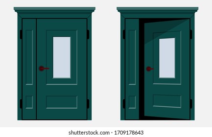 Realistic open and closed door. Vector illustration isolated on a white background.