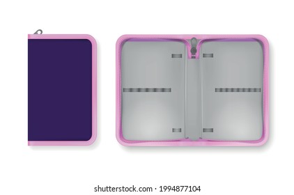 Realistic Open And Closed Empty Pencil Case In Purple And Pink Colors For School Supplies Isolated Vector Illustration