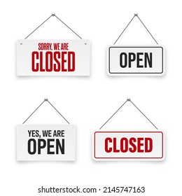 Realistic open or closed hanging signboards. Vintage door sign for cafe, restaurant, bar or retail store. Announcement banner, information signage for business or service. Vector illustration