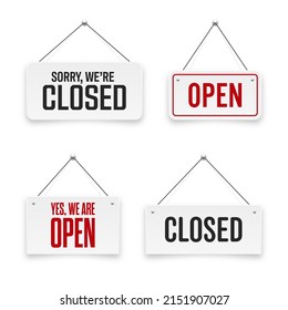 Realistic open or closed hanging signboards. Vintage door sign for cafe, restaurant, bar or retail store. Announcement banner, information signage for business or service. Vector illustration